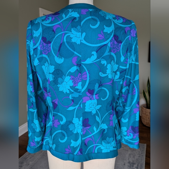 Vintage Adrianna Papell 100% Silk Teal Purple Floral Blouse Jacket Size 12 - Picture 3 of 16